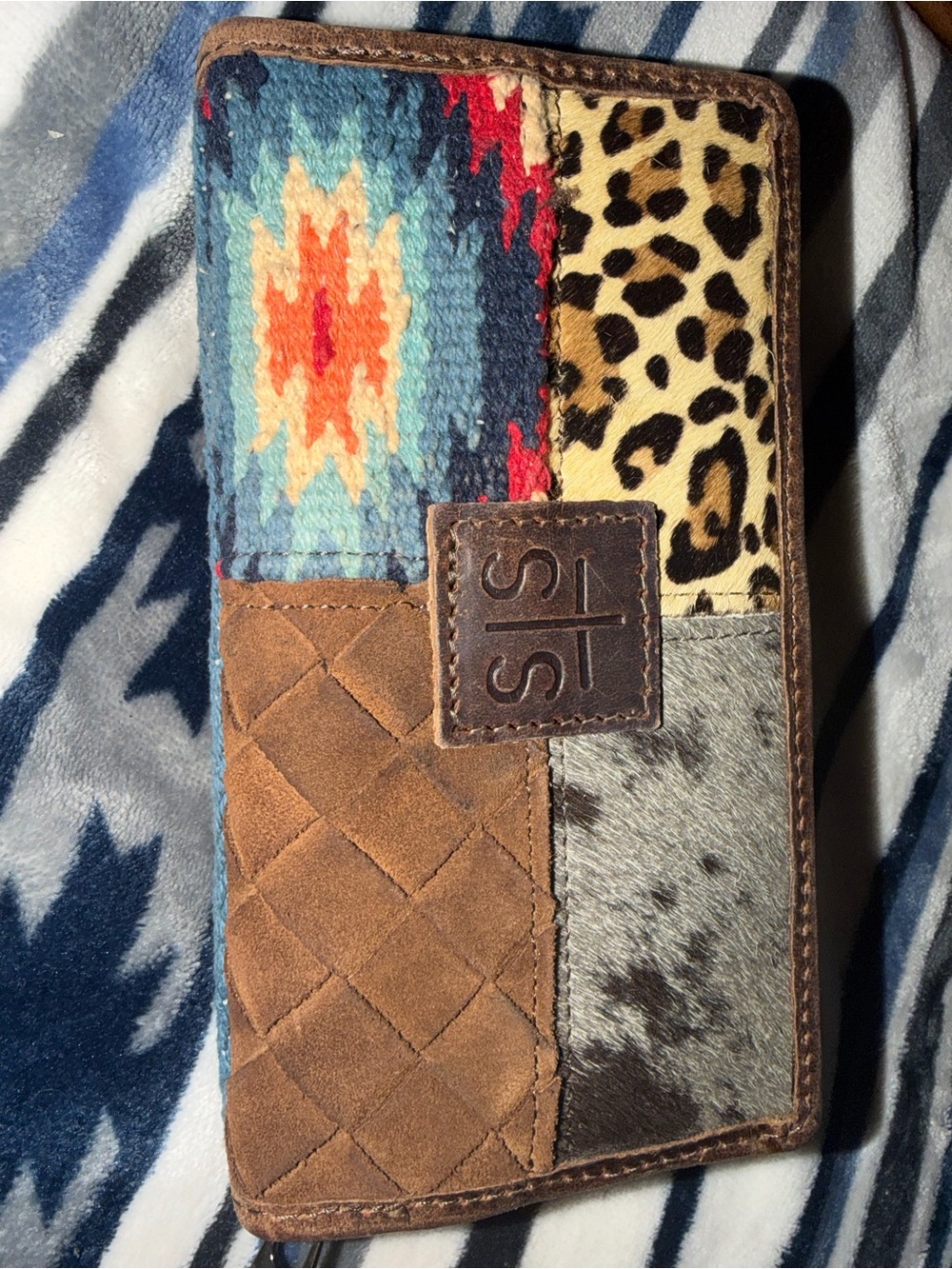 Patchwork Multi-Texture Wallet in Brown, Turquoise & Leopard